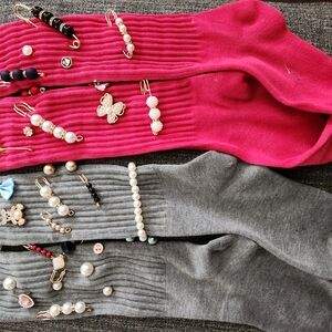 Elegant Pink and Gray Women's Socks with Pearl Accents